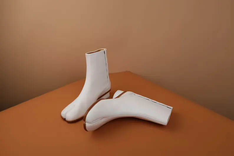 WoodChuckSato Women's Men's White Tabi Split-Toe Cow Leather Boots with 3cm Heel Height Sizes EU 35-48