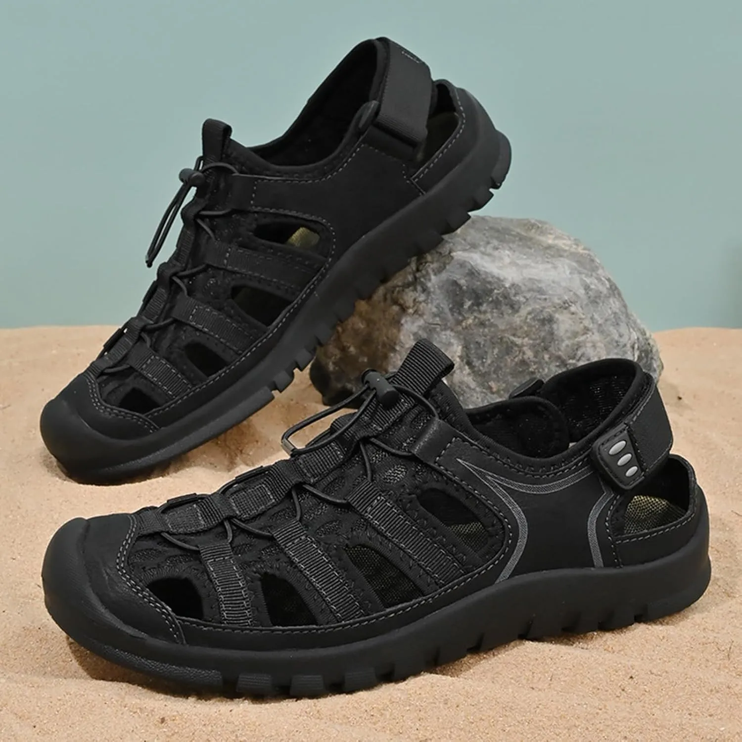 Zeberfi Men Hollow Genuine Leather Mesh Fisherman Sandals with Hook and Loop Fashion Lace Up Closed Round Toe Outdoor Athletic Casual Beach Shoes Summer Breathable Walking Sports Hiking Sandals