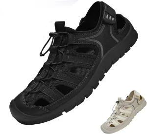 Zeberfi Men Hollow Genuine Leather Mesh Fisherman Sandals with Hook and Loop Fashion Lace Up Closed Round Toe Outdoor Athletic Casual Beach Shoes Summer Breathable Walking Sports Hiking Sandals